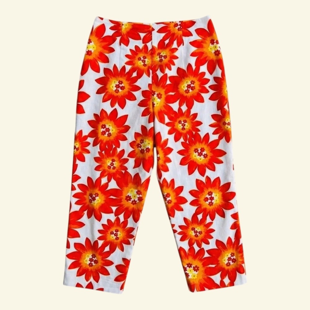 Vintage Floral Sunflower Print Straight Capri Ankle Cropped Pants MEDIUM